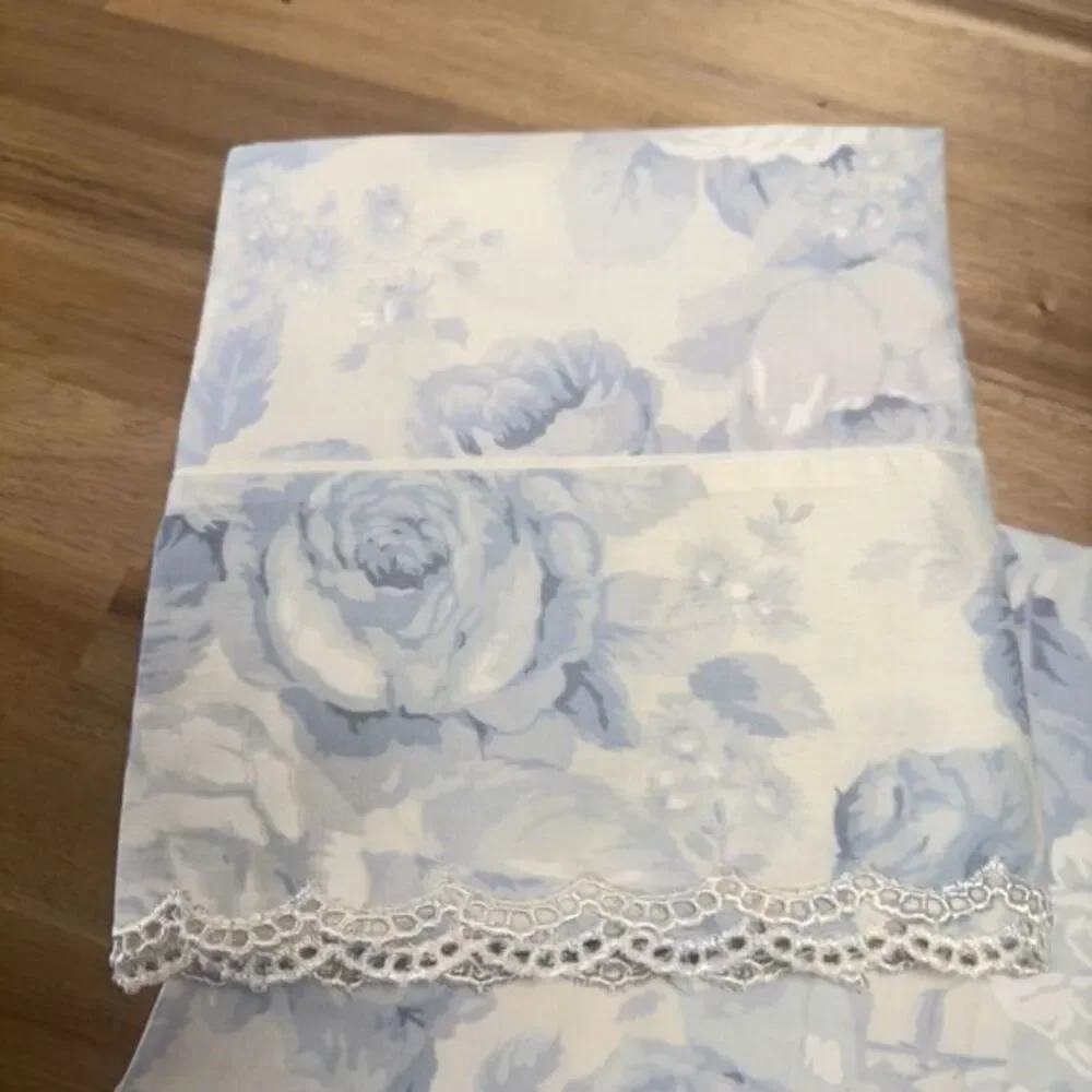 Rare Eileen West Martex Blue Peony Floral QUEEN Sheet Set‎ 4PC Eyelet Lace Trim